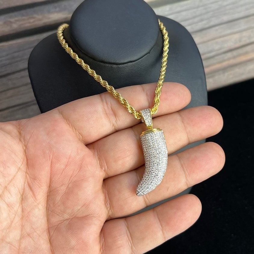 CZ Micro Pave Shark Tooth Prndant with Rope Chain