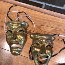 adorable pair of vintage gold brass Greek theatre masks comedy and tragedy 7x5”