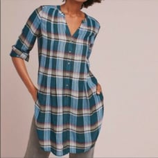 Akemi + Kin Anthro T-shirt Button Up Plaid Dress Women's Small S Blue V-Neck EUC