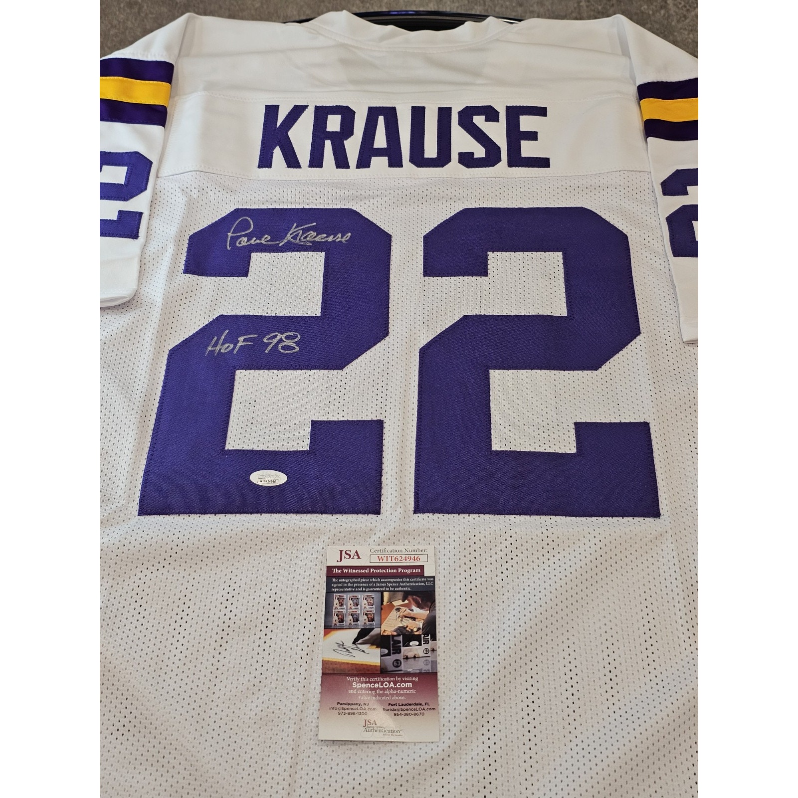 Paul Krause Autographed/Signed Jersey JSA COA White Custom Jersey HOF 98