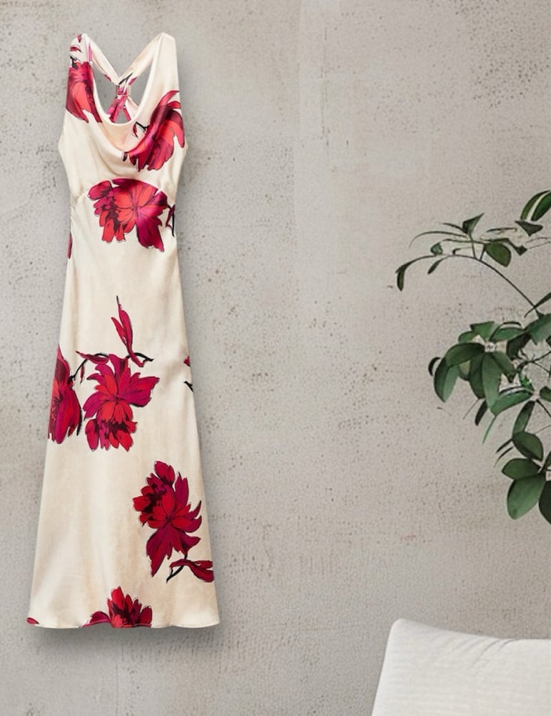 NWTZARA SIZE SMALL SATIN MIDI DRESS WITH GOLD APPLIQUÉ