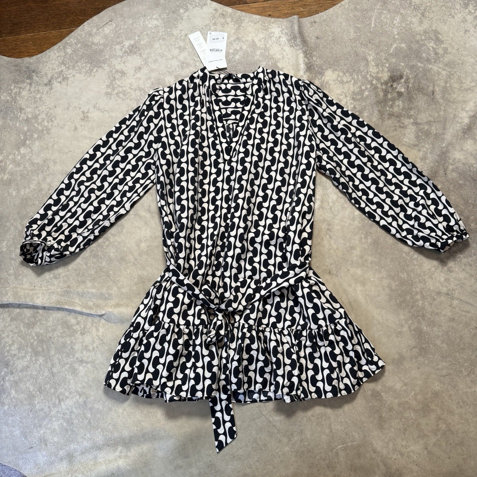 Zara Mini Dress Womens Size Medium Black/White Print The Paula Tie Waist