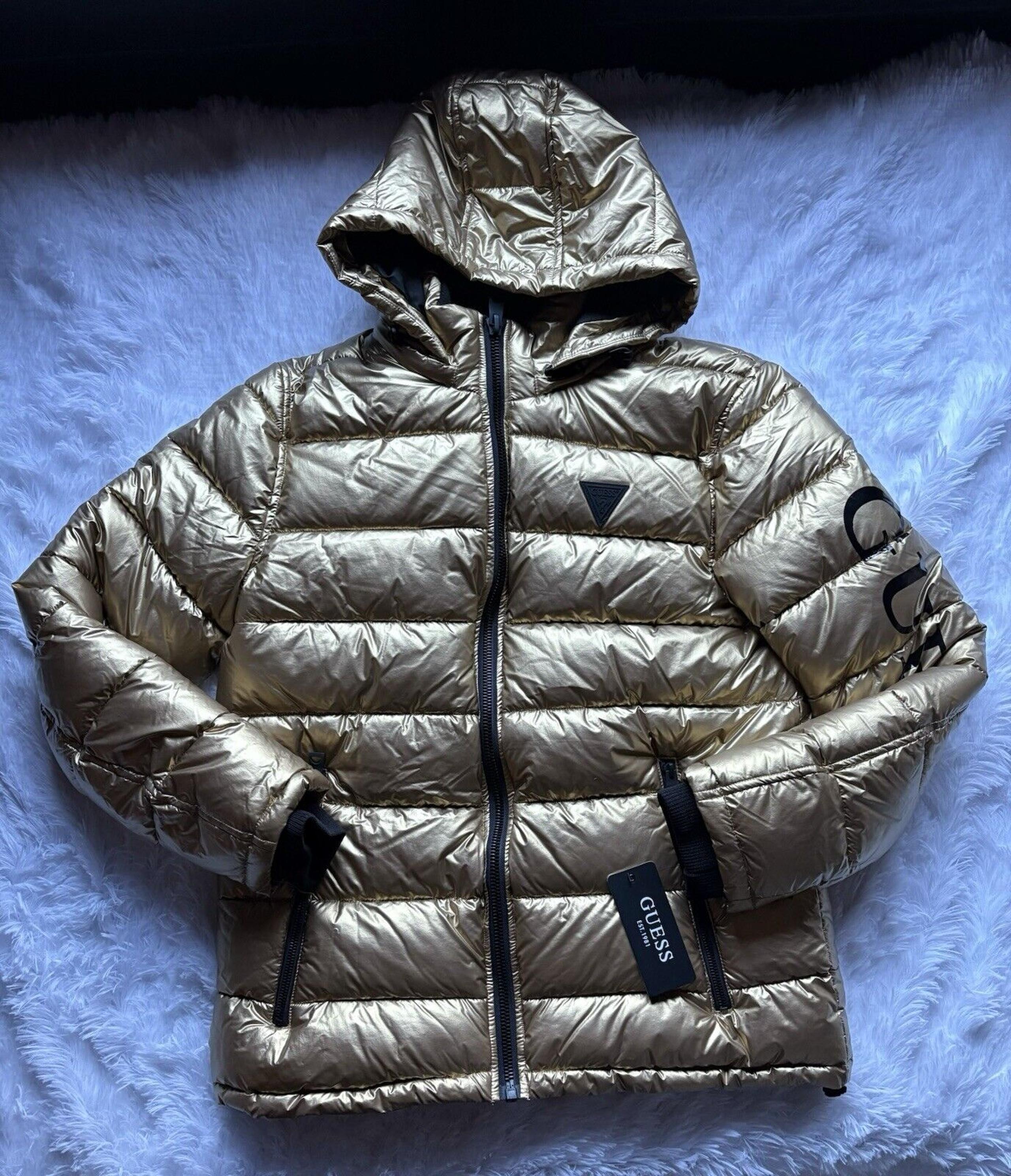 MSRP $250 Guess Gold Black Quilted Nylon Hooded Zip Puffer Coat Mens Size XXL