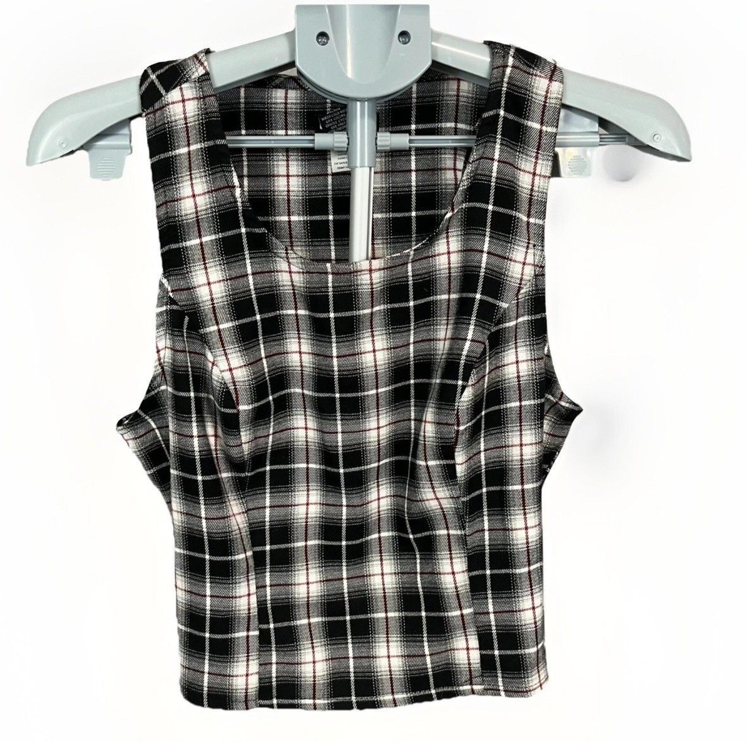 Hot Topic Womens Top Sz LG Plaid Tank Black White Gothic Emo Cyber Punk Stretchy
