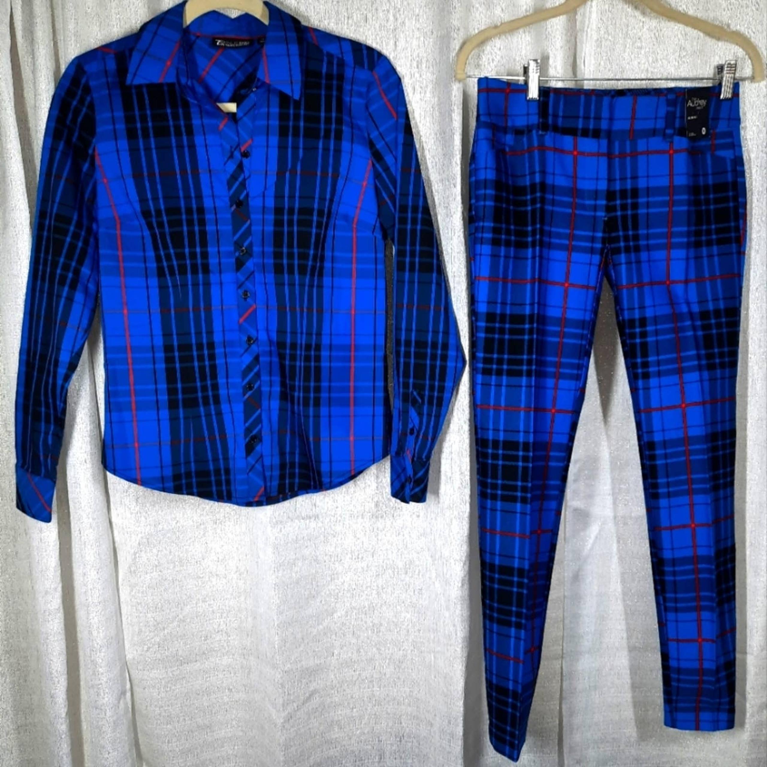 New York and Company 7th Ave Design Studio NEWBlue Plaid matching pants and top