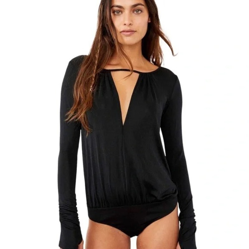 FREE PEOPLE Black Cut Out Plunge Neck Keyhole Bodysuit XS NWT Long Sleeve Chic