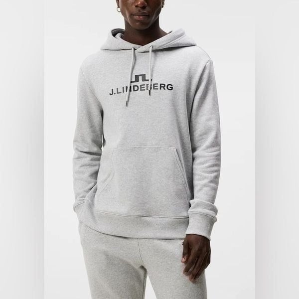 NWT J. Lindeberg Men’s Alpha Stone Gray Logo Hoodie Sweatshirt Golf - Size XL