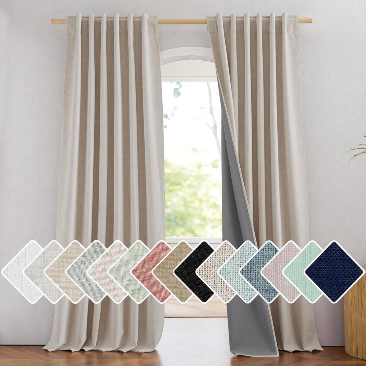 100% Blackout Natural Linen Curtains 90 Length with Thermal Insulated
