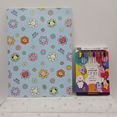BT21 Stationery 2pc Bundle (Uni-Ball Pen Set, Blue Flower Notebook) - Authentic