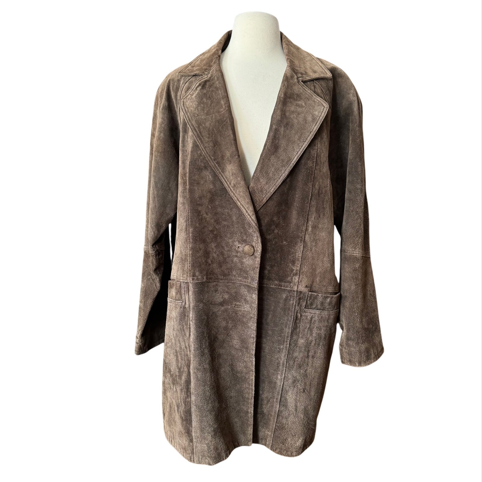 Savannah Large Dark Brown Suede Leather Blazer Style Coat Button -missing button