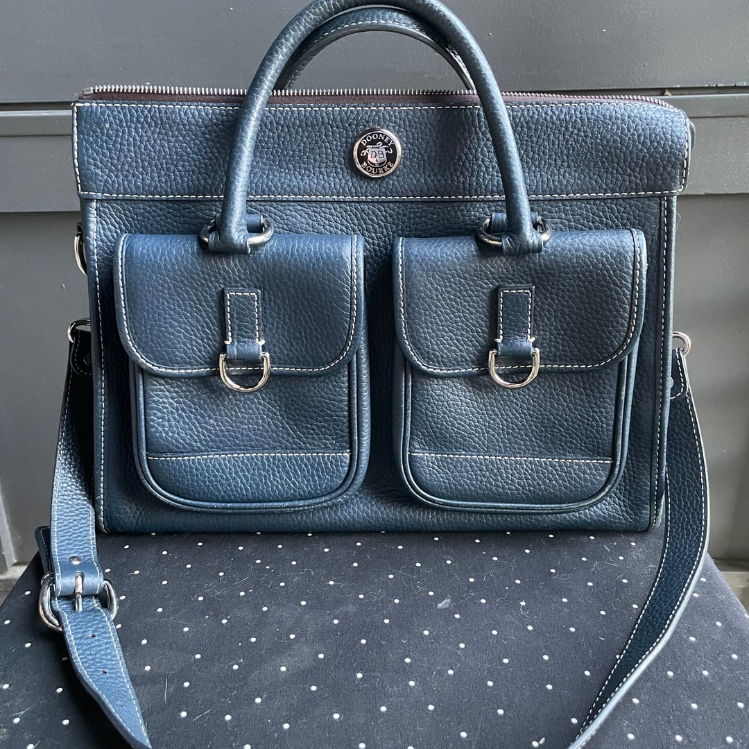 Dooney & Bourke Blue Pebble Leather Double Pocket Tote Purse W Detachable Strap