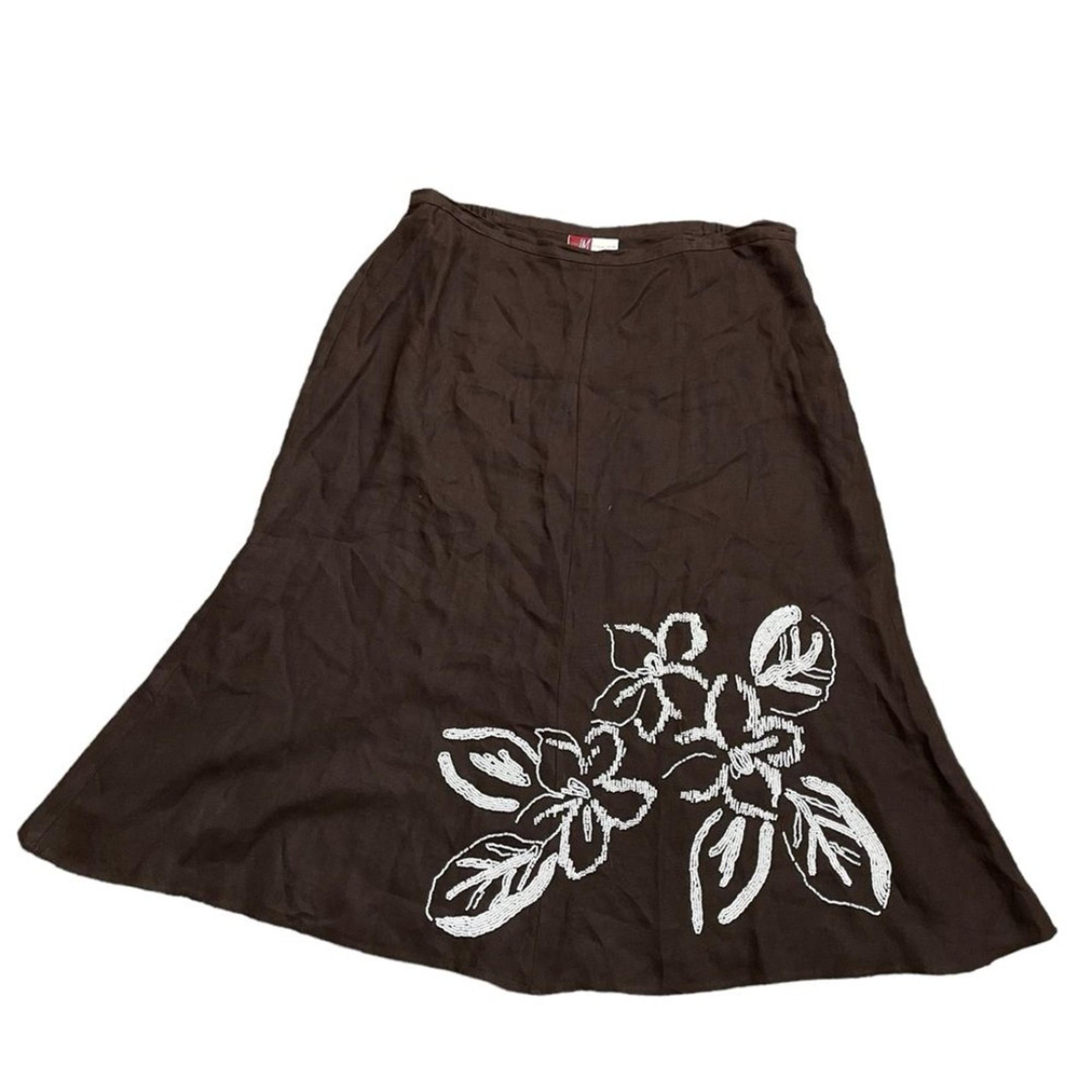 JM Collection Brown 100% Linen Beaded Midi A Line Skirt 16