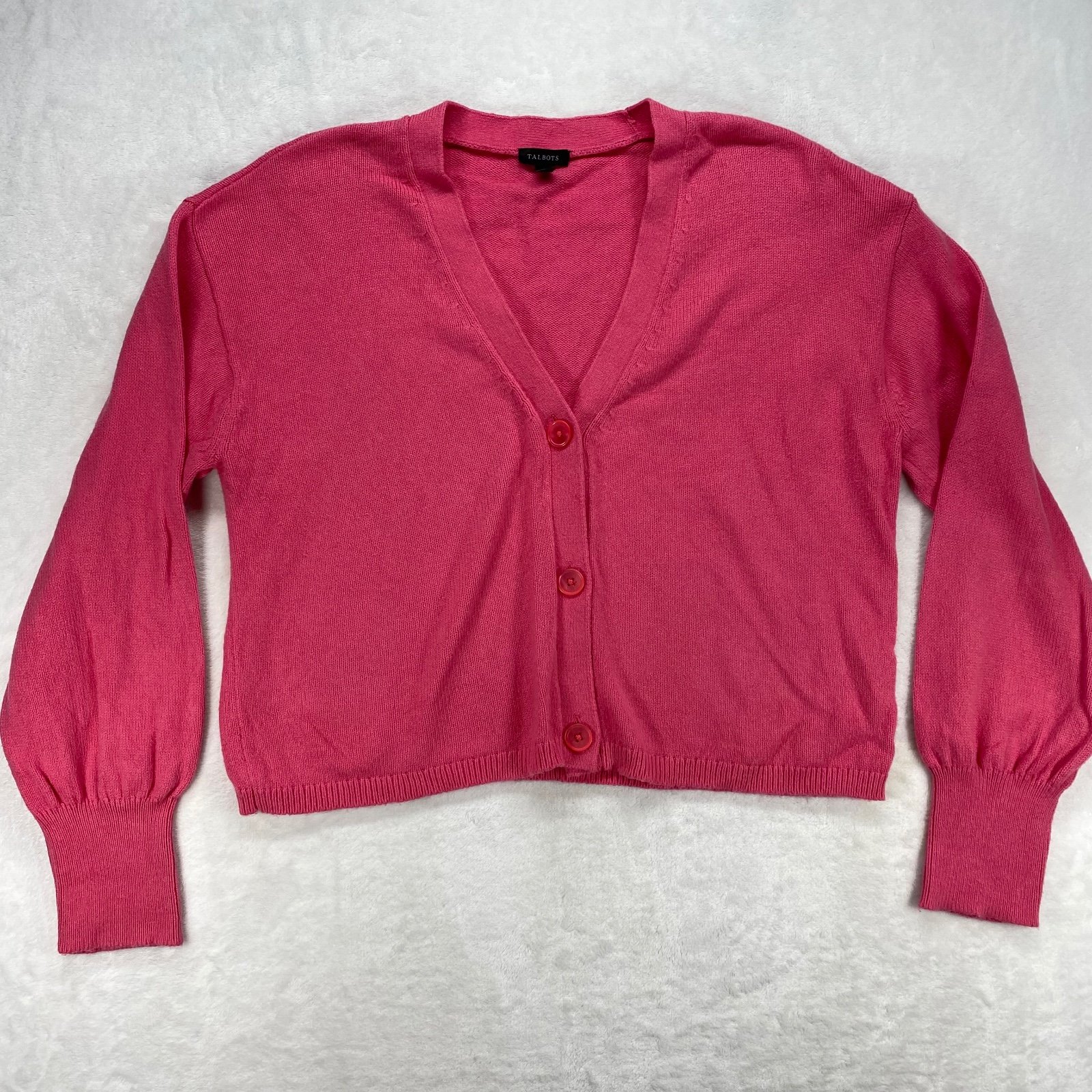 Talbots Cardigan Sweater Cotton Blend Puff Sleeve Pink Button Front L