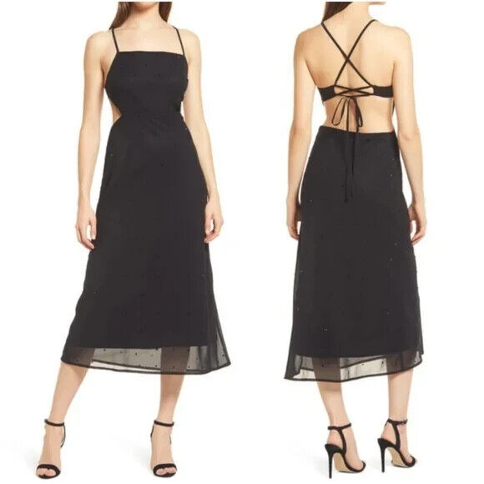 RAHI NWOT Tie Back Glimmer Open Back Slip Dress Black Size S