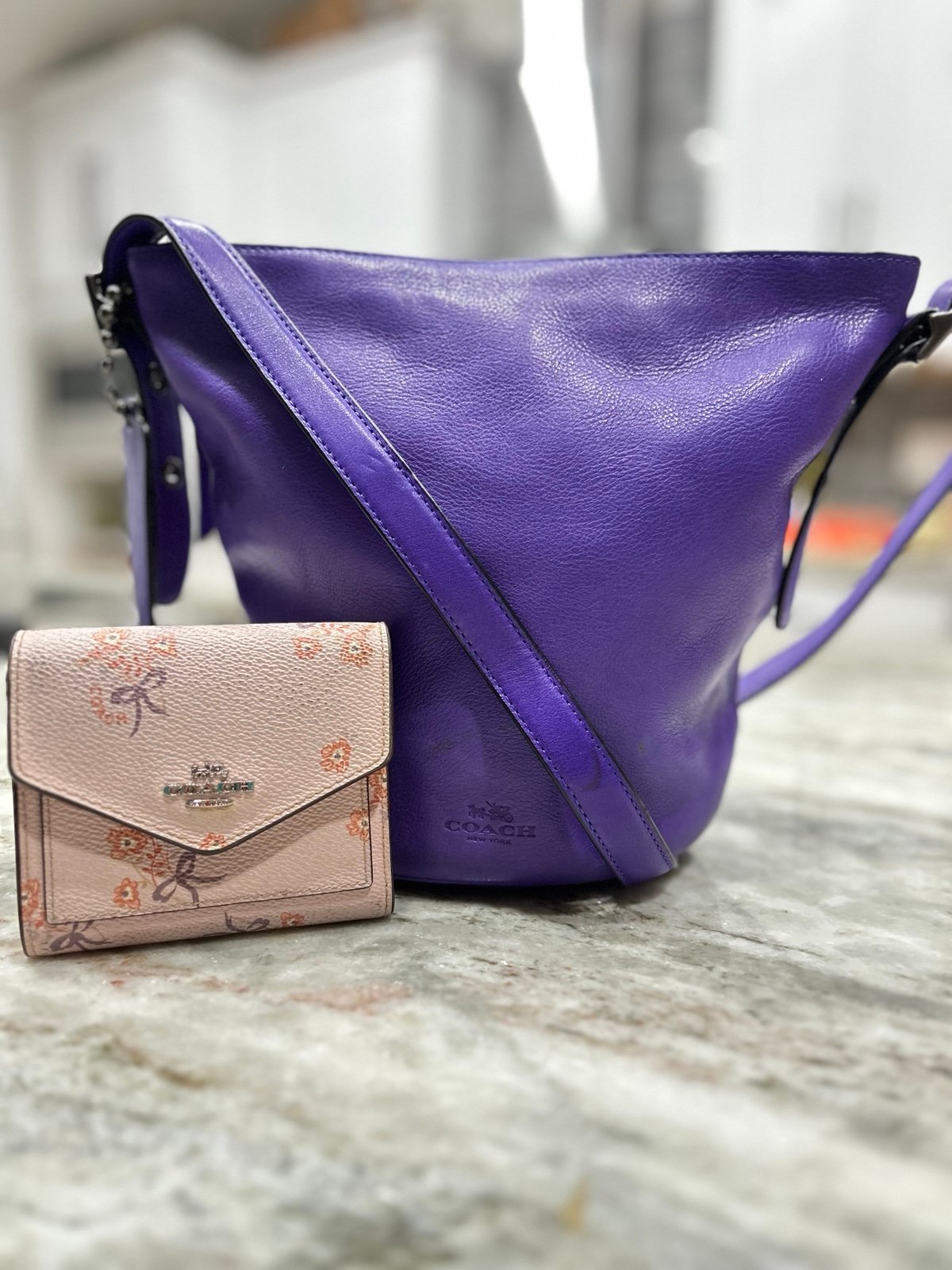Coach Authentic Purple Leather Shoulder Bucket Bag with floral trifold wallet
