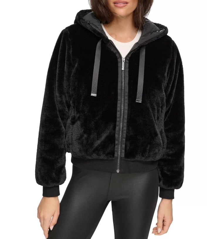 Marc New York Faux Fur Zip Up Hoodie, Black, Small