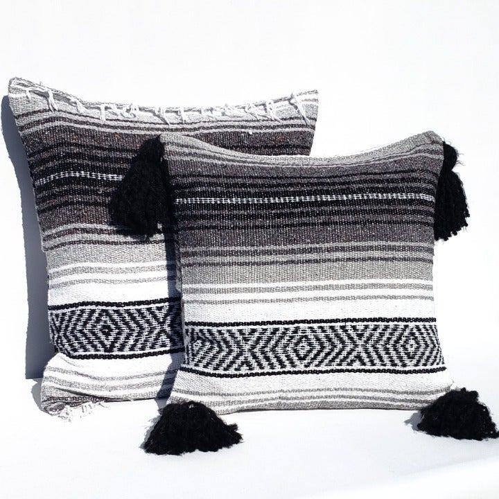 Black Gray Mexican Blanket Pillow,Baja Falsa,Serape,Boho Decor,Throw Pillow