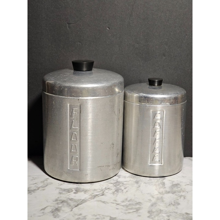 Vintage MCM Coffee and Flour Spun Aluminum Canisters Made In Italy 6 and 7.5