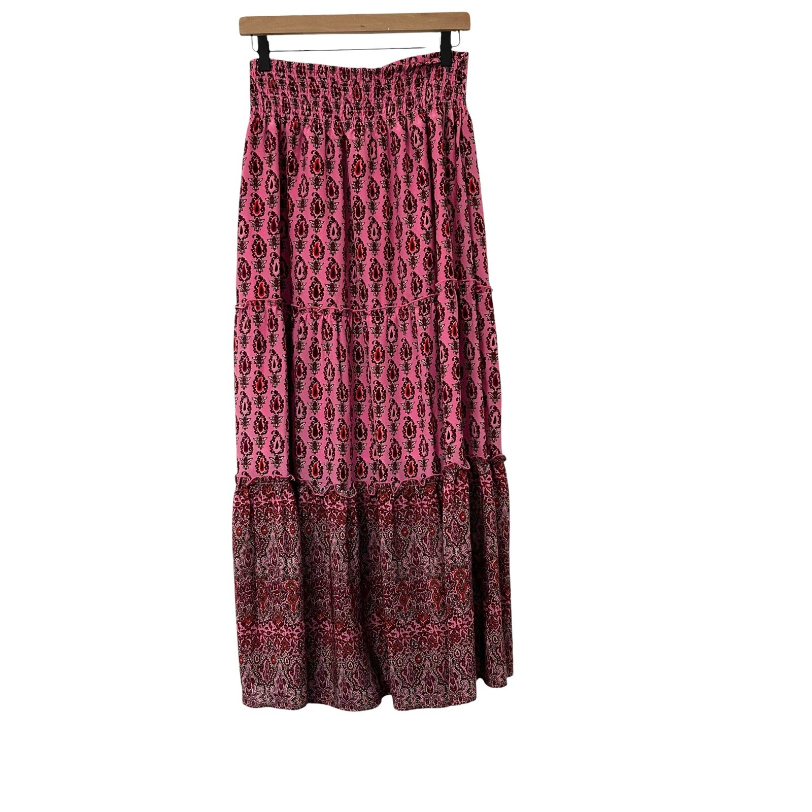 Gold Hawk 100% Silk Maxi Skirt Pink Paisley Size M Prairie Luxury Cottagecore