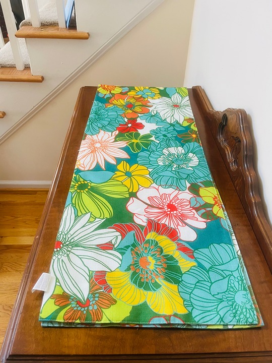 J Queen Abbey floral Table Runner Groovy Flowers 14x72 in turquoise red yellow