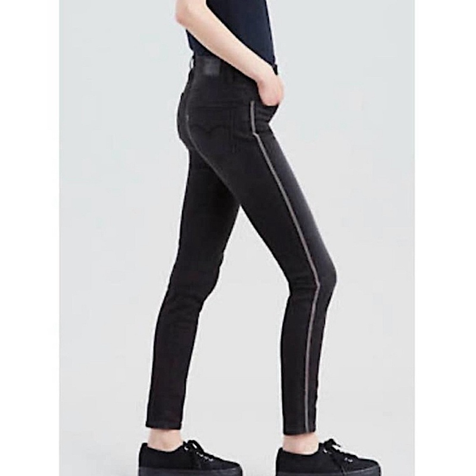 Levi's 721 High Rise Skinny Jeans Side Pinstripes Black Silver Size 27 x 30