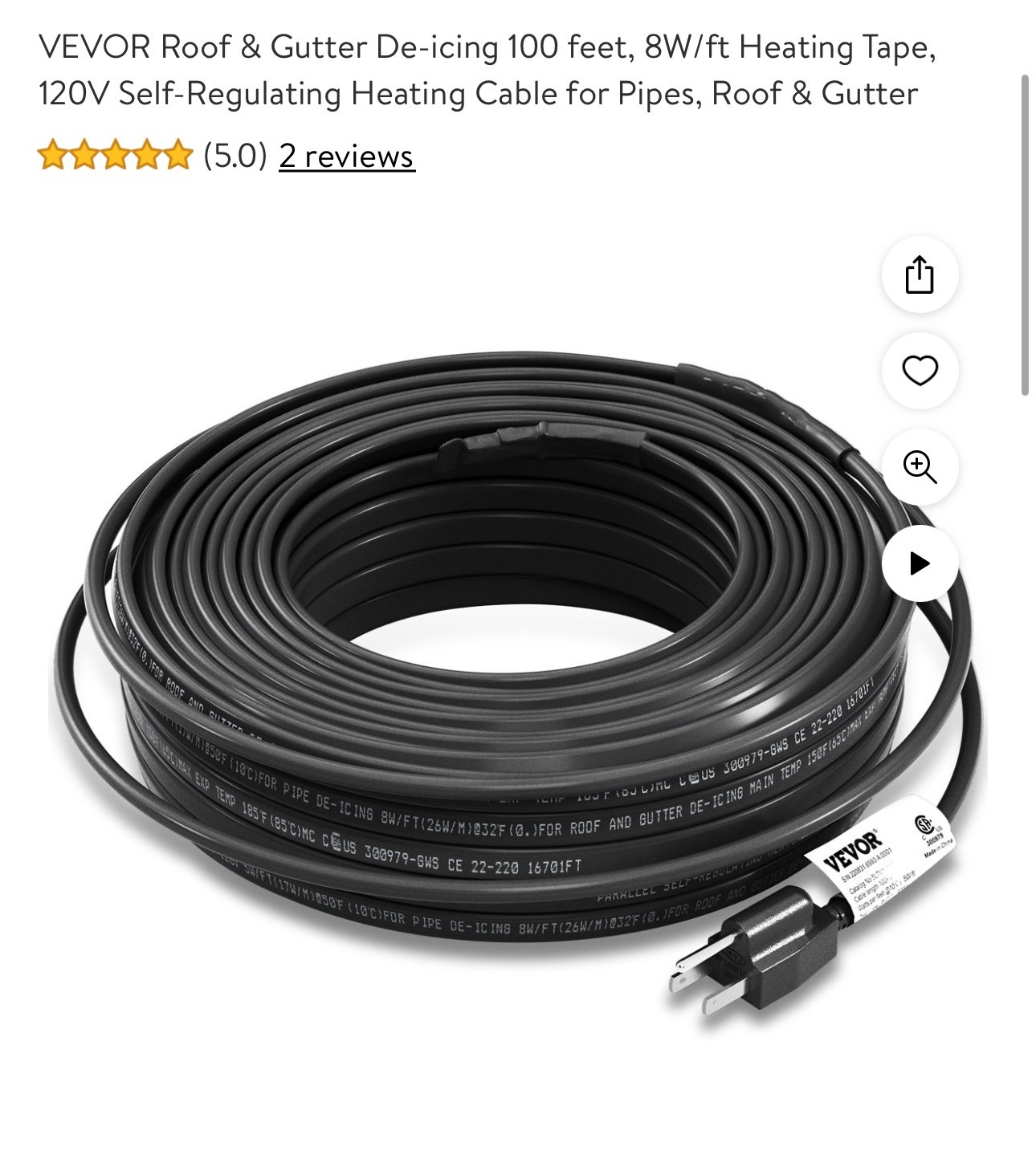 Roof & Gutter De-icing 100 feet