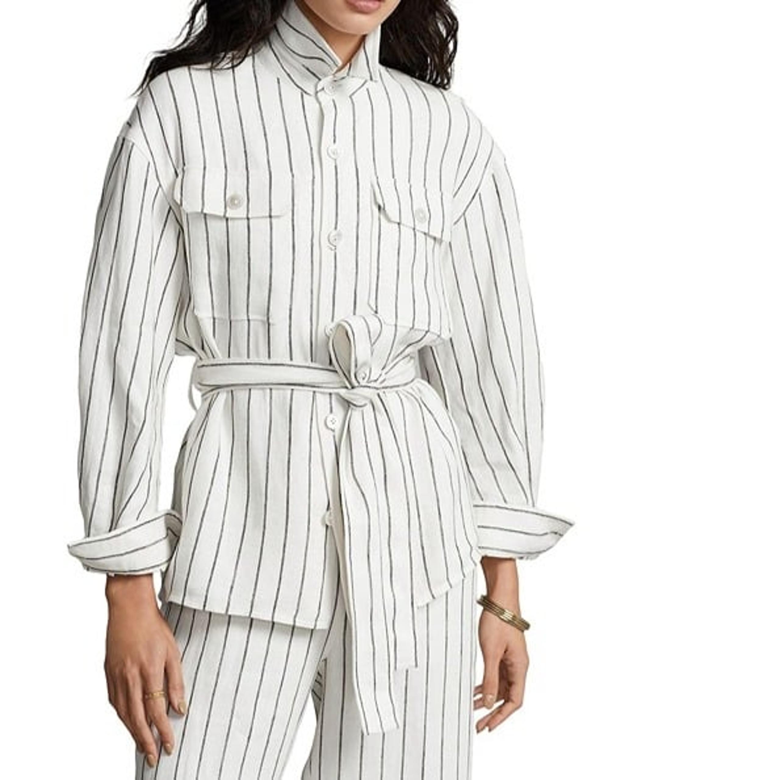 Polo Ralph Lauren Women's Belted Striped Linen Utility Shirt White 12 B4HP $298