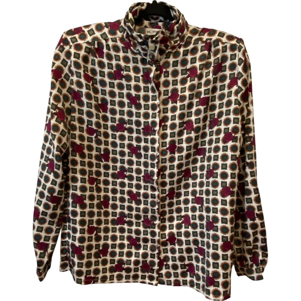 Koret Button Up Blouse Multicolor Geometric Womens Secretary Mock Neck XL