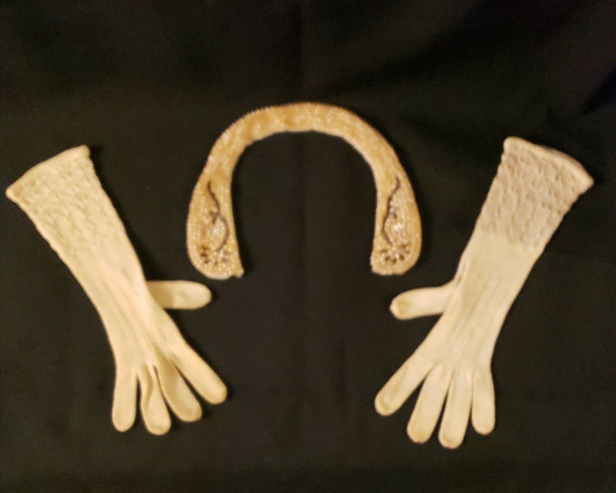 Antique child's long crocheted gloves and antique child's beaded collar