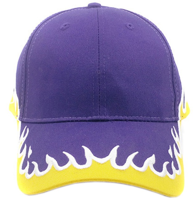 6 Panel 100% Cotton Twill Purple Yellow Fire Flames Embroidery Baseball Cap