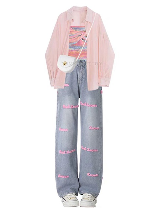 Fashion pink sunscreen shirt halter cowboy wide leg pants three-piece