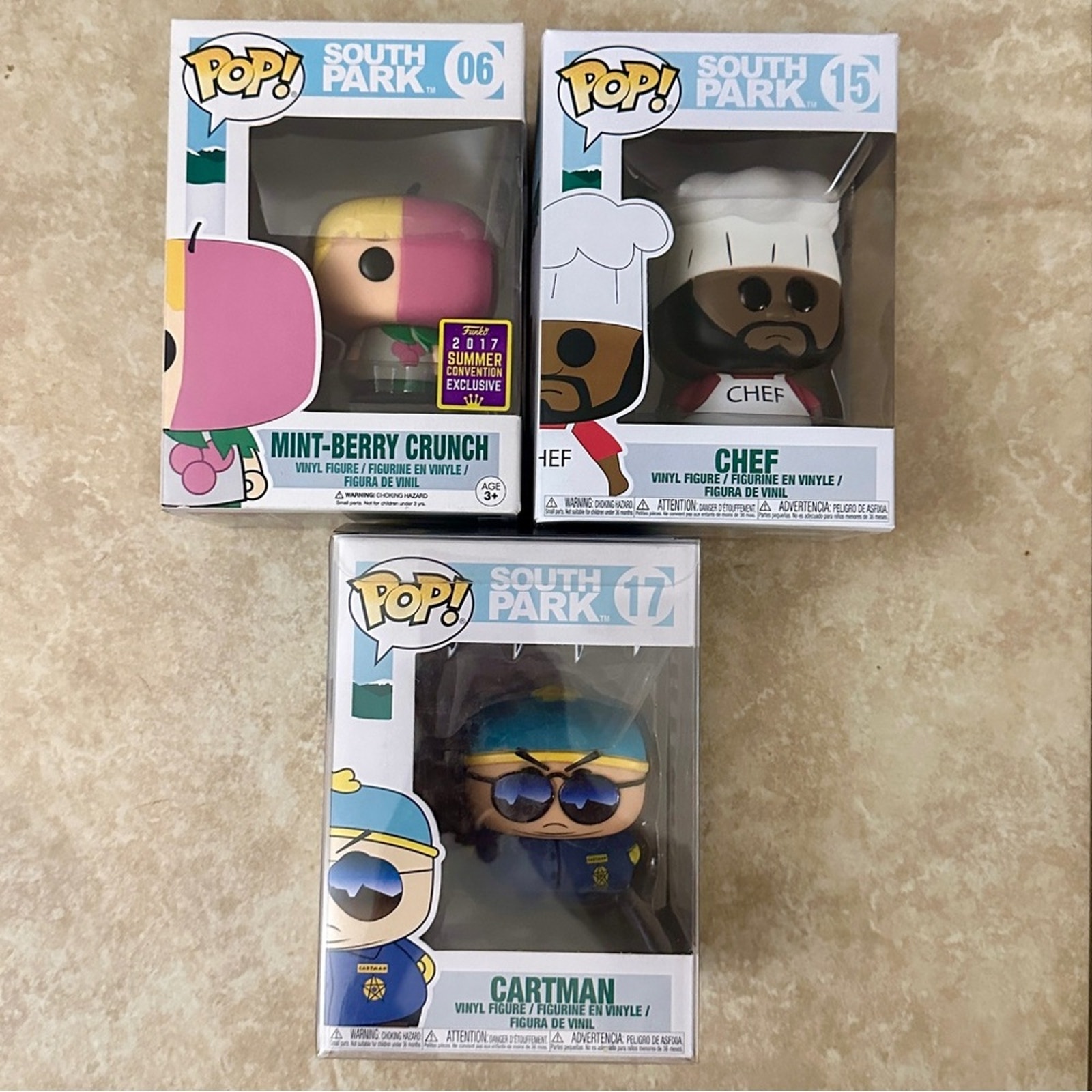 Set 3 FUNKO Pop SOUTH PARK ERIC CARTMAN Police 17, CHEF 15, Mint berry Crunch 6