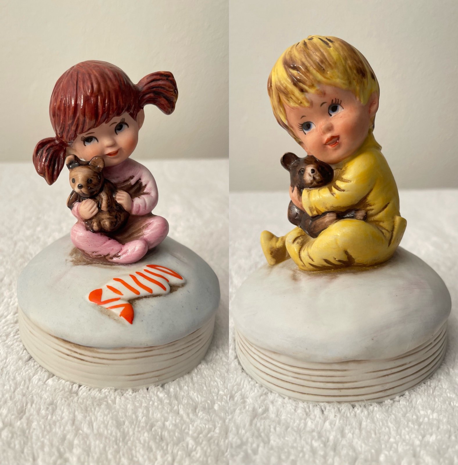 Vintage 1974 Fran Mar Moppets Bedtime Music Boxes Ceramic-Japan. works