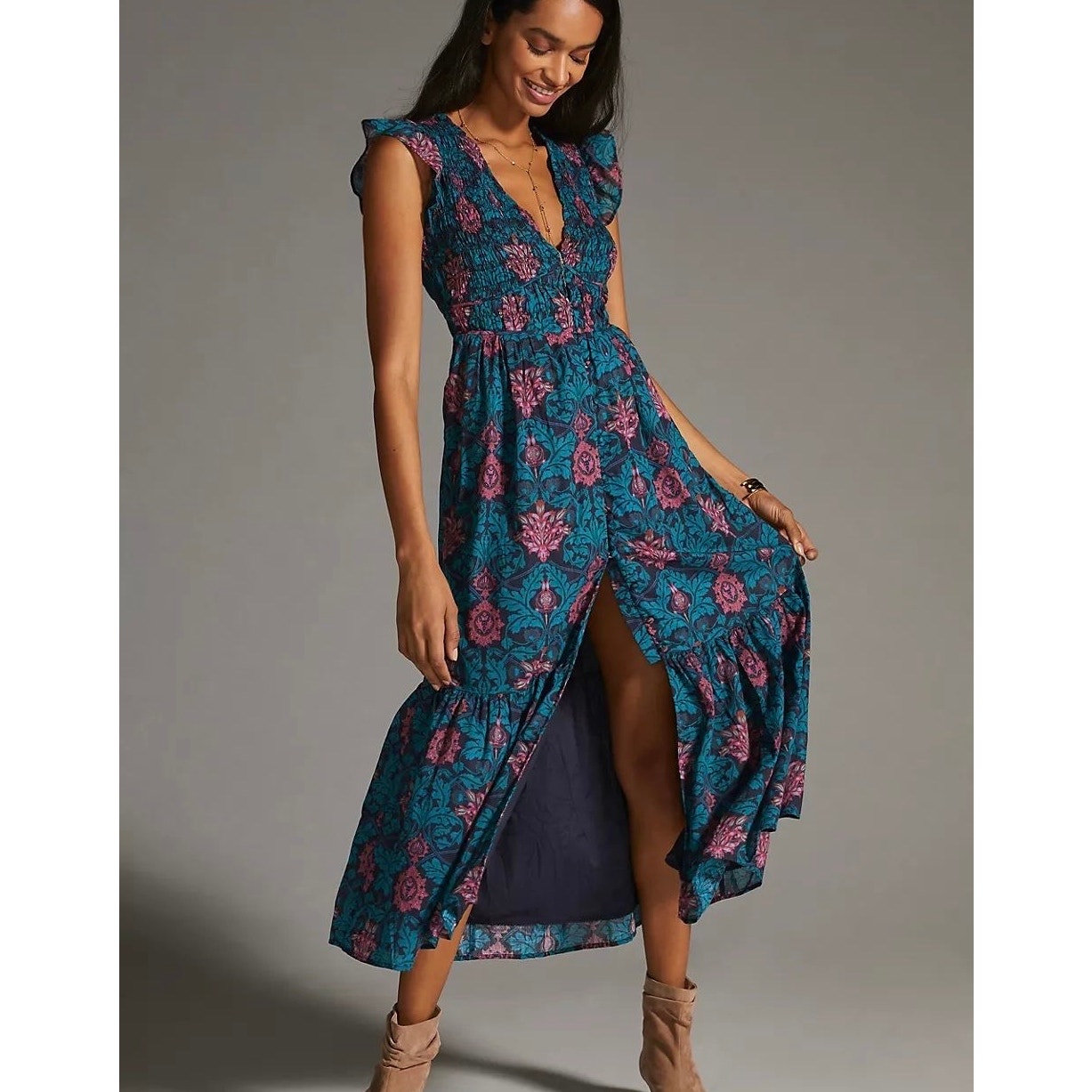 ANTHROPOLOGIE Peregrine Midi Cottagecore Smocked Boho Tiered Floral Dress Sz S