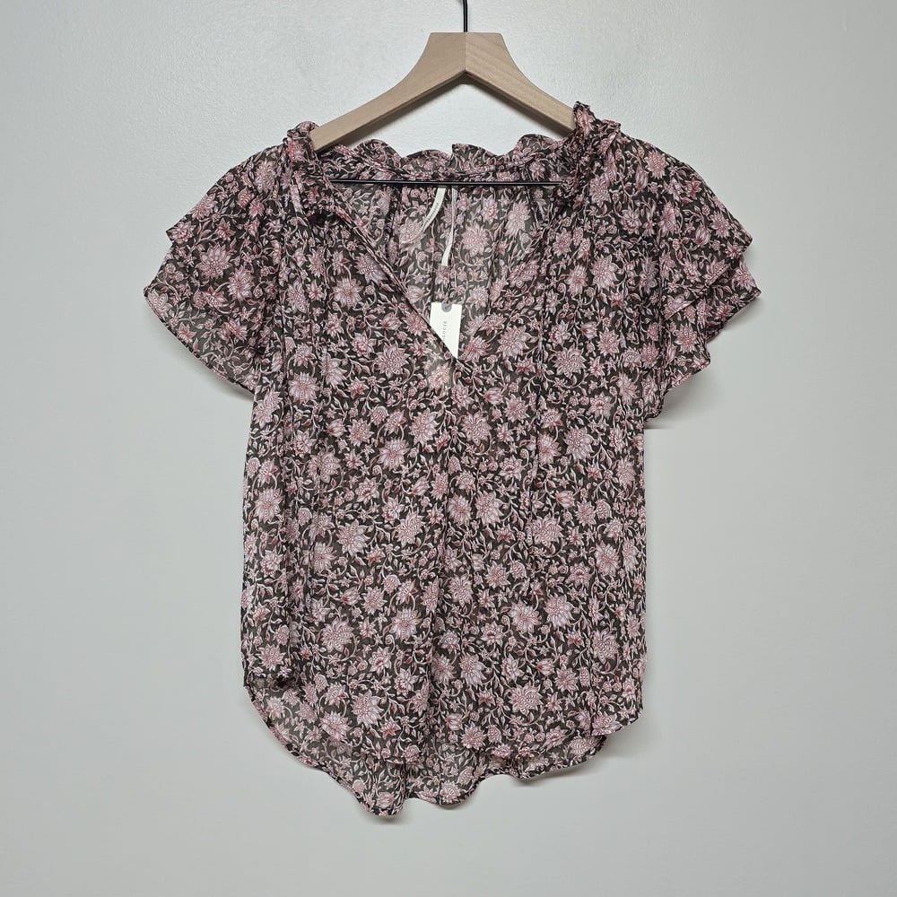 Anthropologie Blouse Medium V Neck Flutter Sleeve Floral Ruffle Sheer NWT
