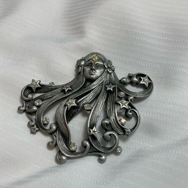 Vintage JJ Jonette Jewelry AB Rhinestone Brooch Goddess Lady Woman Head