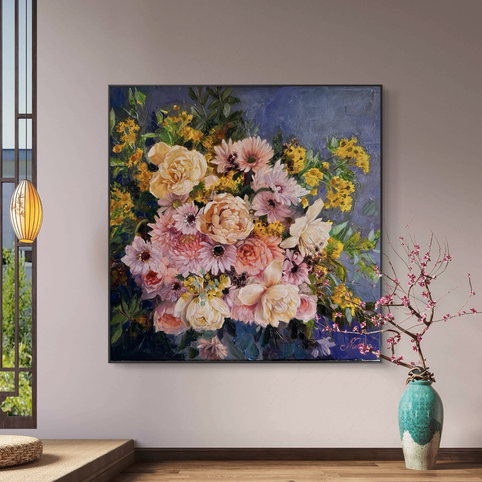 Original Signed Oil Painting “Gentle Garden” , floral Artwork By Nuri Alieva 油