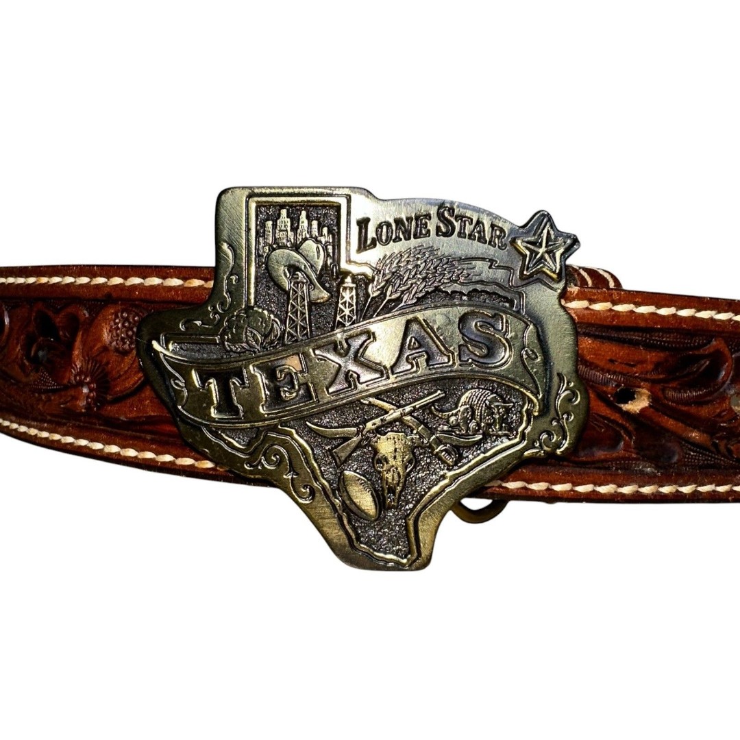 Hereford Tooled Floral Leather Belt Great American Lone Star Texas Buckle Sz 32
