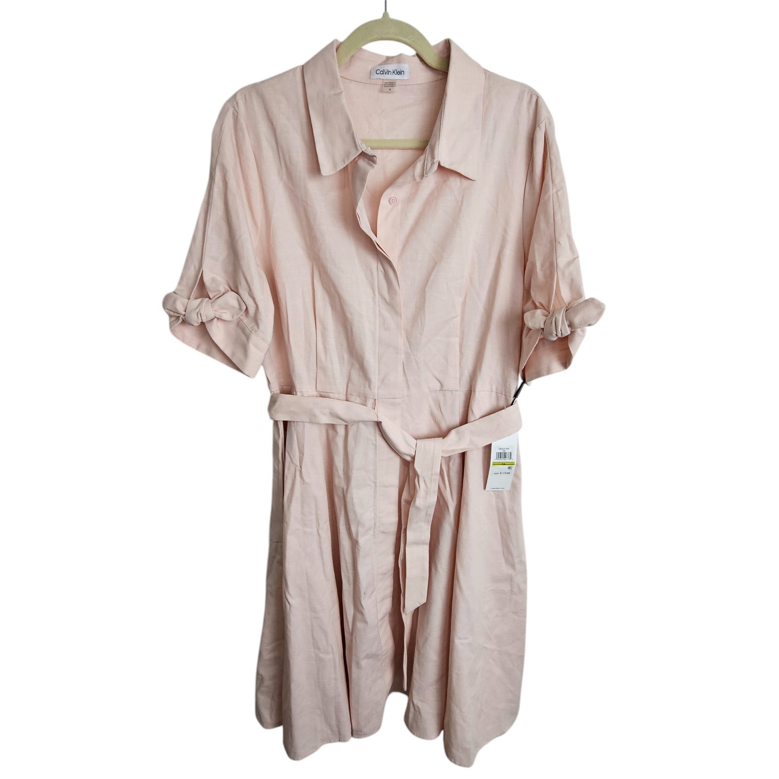 Calvin Klein Dress Shirt Dress Knee Length Dress 14 Light Pink Button Up Dress