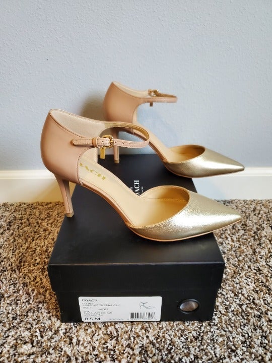 Coach Seline Met TMB/Mat Calf Heels, Platinum/Beechwood, Size 8.5 - LIKE NEW!