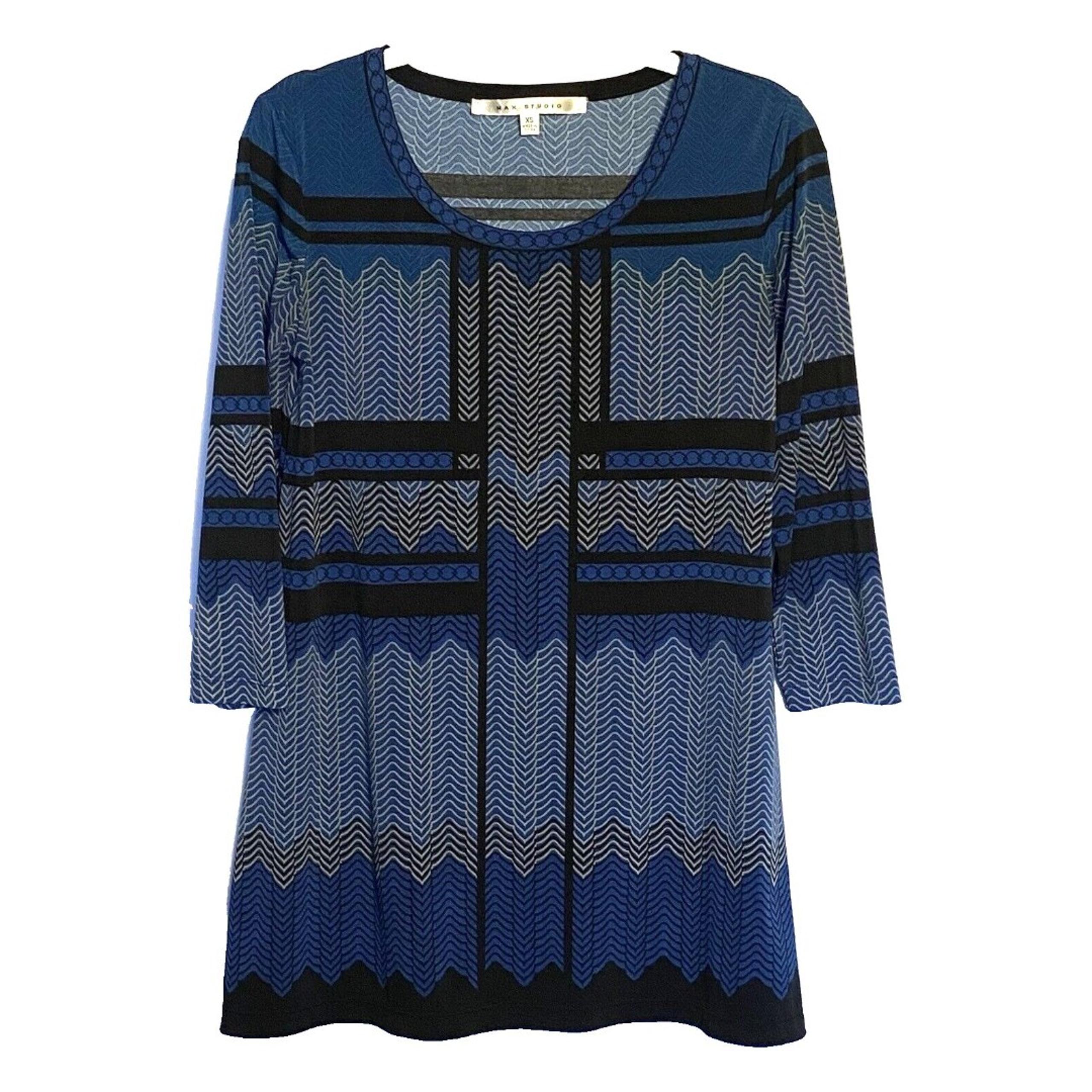 Max Studio Womens Tunic Top XS 3/4 Sleeve Blue Black Abstract Blouse Shirt