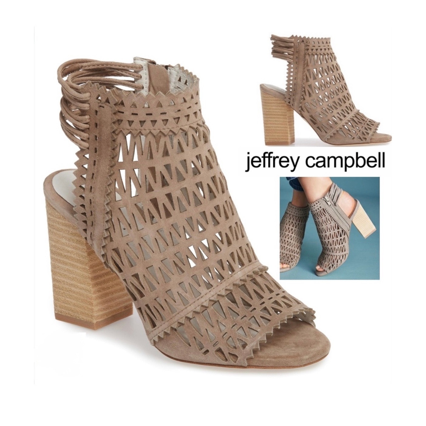 JEFFREY CAMPBELL Ottawa Taupe Suede Leather Shoes Block Heel Open Toe Bootie 9.5