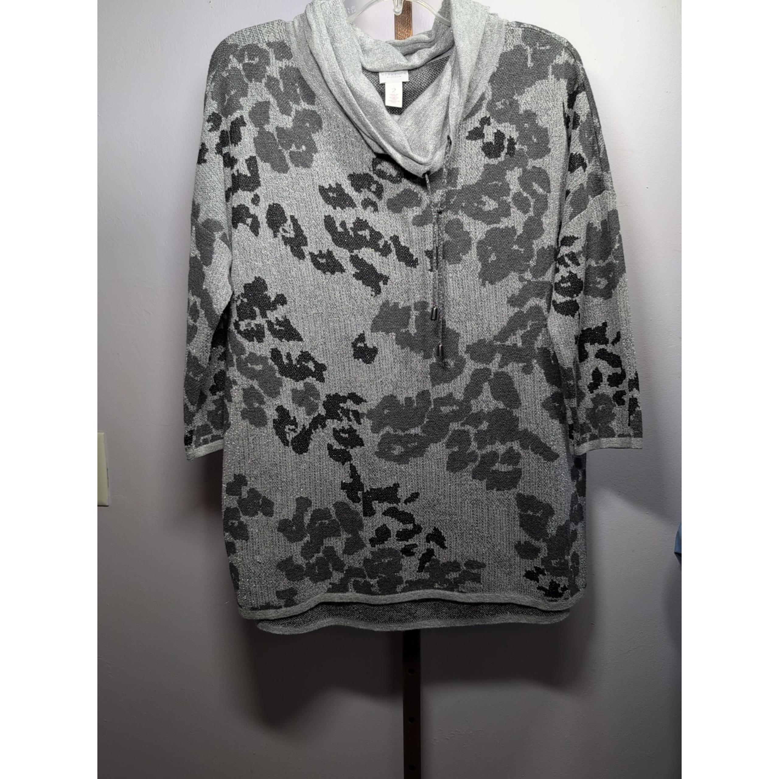 Women~CHICO'S WEEKENDS~COWL NECK~GRAY/BLACK Sparkly PULLOVER~SWEATER Size 2