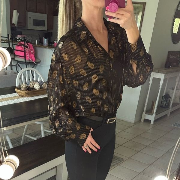 Zara Black & Gold Metallic Paisley Print Button Down Long Sleeve Blouse