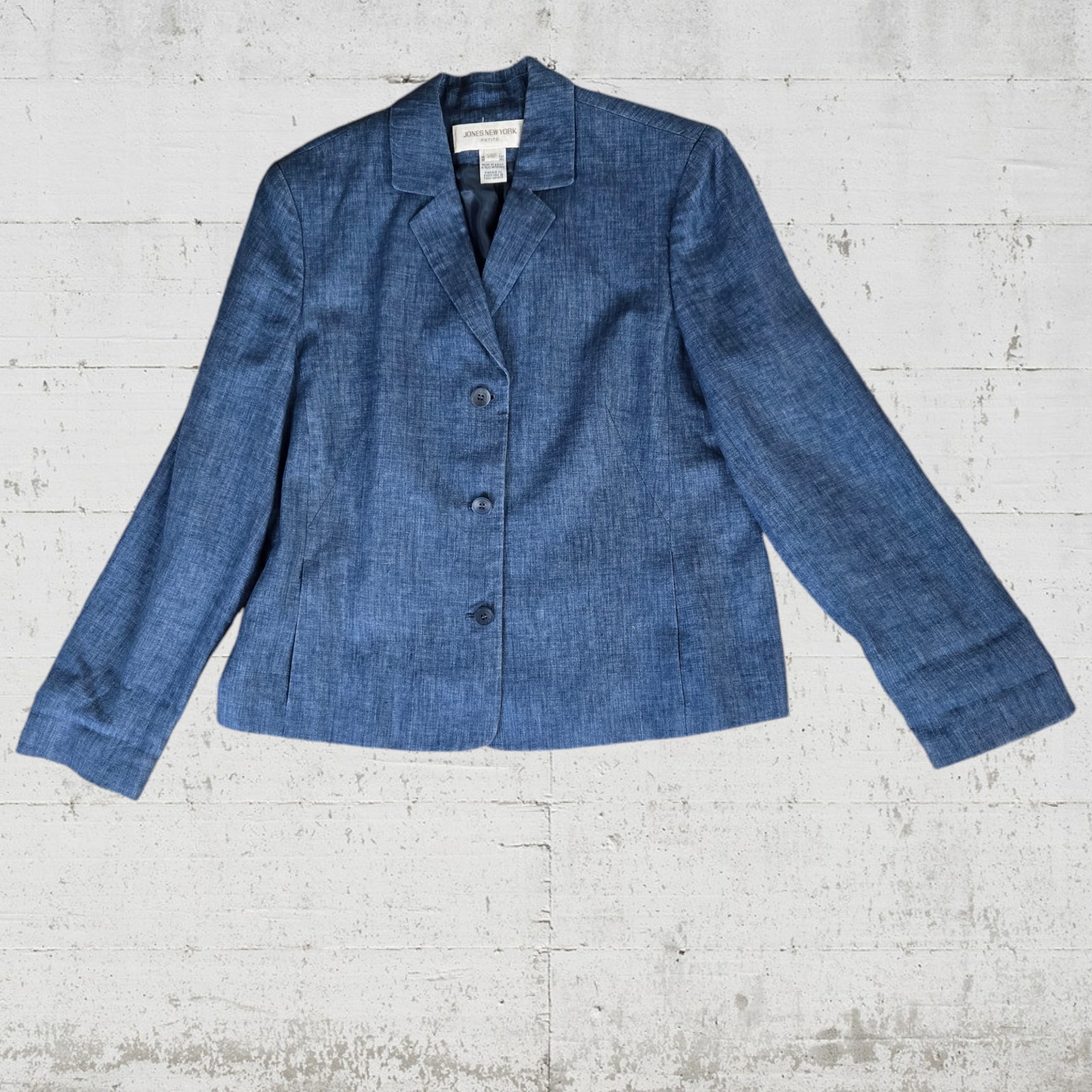 80s Vintage Dark Blue Chambray Linen Jones New York Blazer Jacket Size 14P