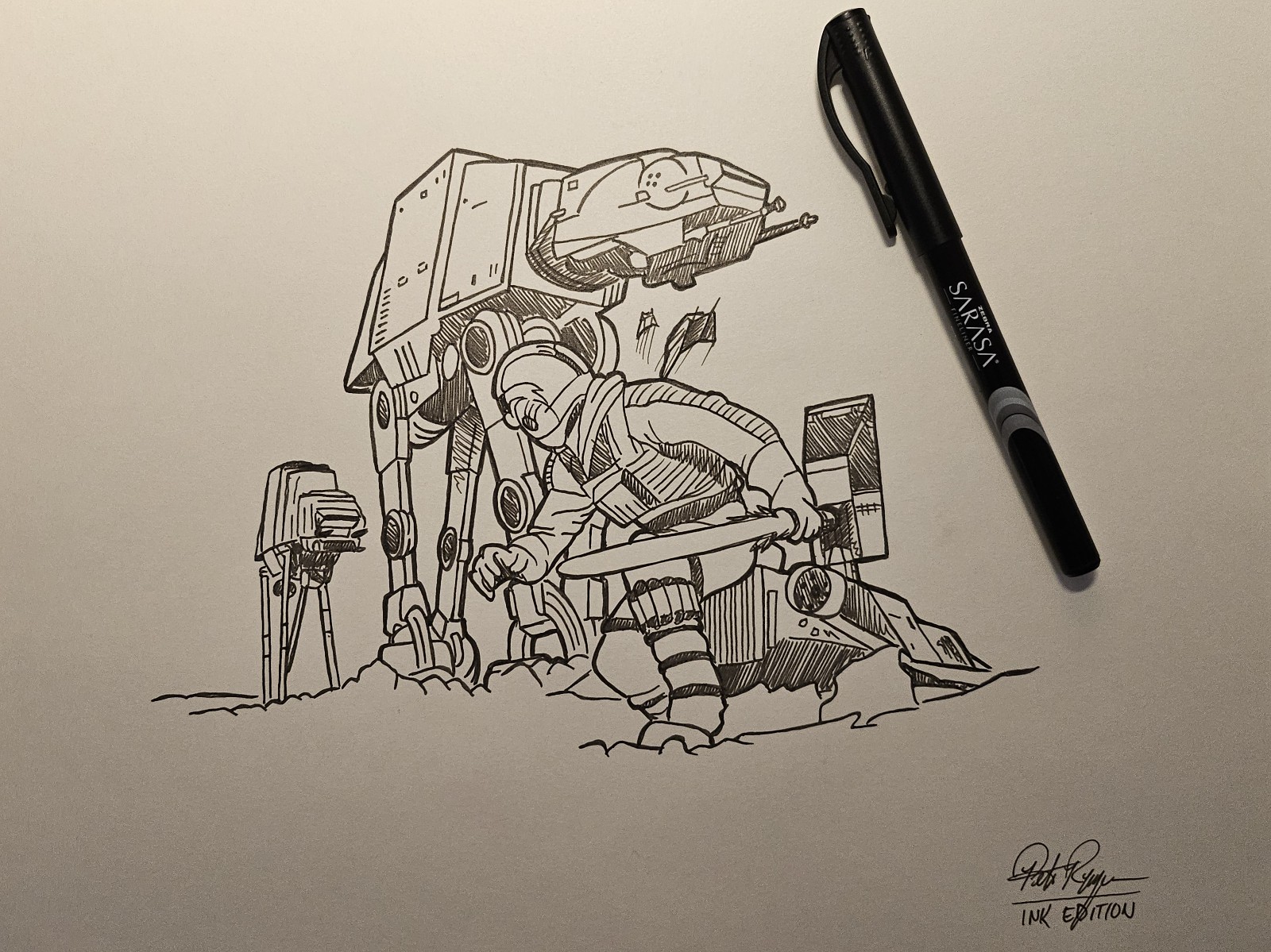 Disney Star Wars AT-AT Walker Empire Strikes Back Hoth Ink Drawing/Sketch signed