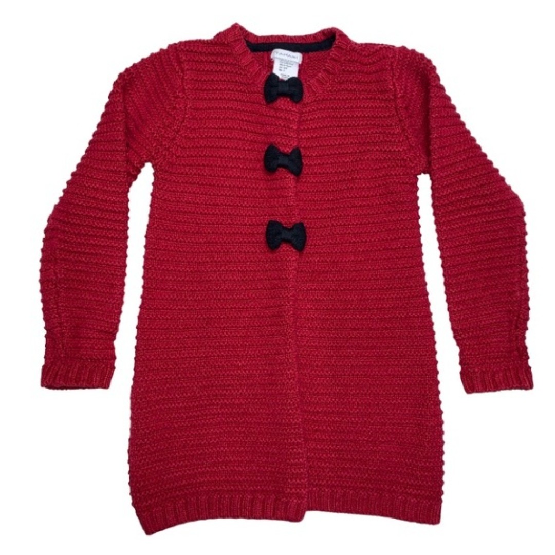 Christmas Holiday Red Knit Outerwear Jacket Sweater Black Bow Front Snap Closure