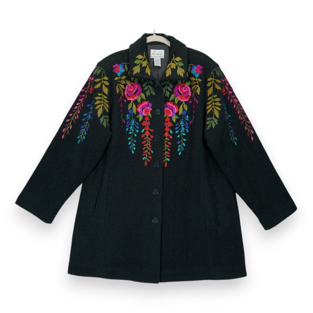 LINEA By Louis Dell'Olio Overcoat Wool Blend Black Floral Embroidered Size 1X