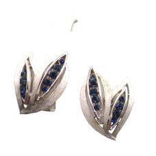 Vintage Crown Trifari Earrings, Brushed Silver Tone and Sapphire Blue Crystal