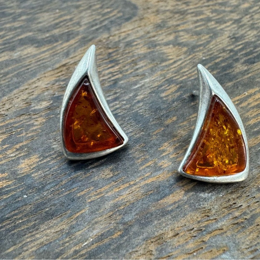 Amber and Sterling silver triangle stud earrings bohemian natural elements